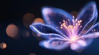 Glowing ethereal flower with translucent blue petals and luminous pink center against dark background with soft bokeh lights, creating magical nature atmosphere.