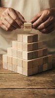 Mature male hands placing a wooden block engraved with trust on top of a pyramid, symbolizing reliability and strong business foundations.