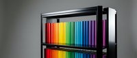 Colorful rainbow spectrum books arranged on modern black metal shelf against gray background for educational and library design concepts.
