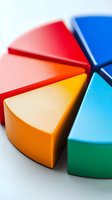 Colorful pie chart segments in red, orange, yellow, green and blue on white background, showing business analytics and data visualization concept.