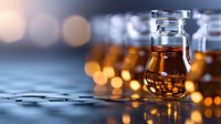 Amber liquid in glass bottle with ice cubes on wet surface, blurred warm lights in background, suitable for beverage, alcohol, and lifestyle marketing materials.