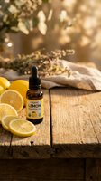 Organic lemon essential oil bottle with fresh citrus slices on rustic wooden table for aromatherapy and natural wellness treatments.