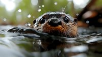 Adorable river otter swimming in clear water with whiskers and wet fur visible above surface. Wildlife nature photography for environmental content.