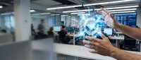 Businessman hands holding futuristic holographic interface with digital network connections in modern office workspace for technology innovation concepts.
