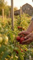 Senior farmer harvesting fresh red tomatoes from garden plants at sunset with rustic barn background for organic agriculture and sustainable farming.