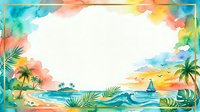Tropical beach sunset scene with palm trees, ocean waves, and colorful watercolor splashes in turquoise, coral, and yellow tones. Isolated design element on white background.