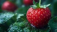 Fresh ripe strawberry with water drops on green leaves in garden. Macro shot showing detailed texture and natural morning dew creates appetizing look.
