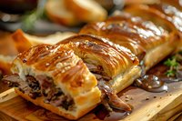 Flaky puff pastry roll filled with tender pulled beef and melted cheese, served on wooden board. Golden brown crust with visible layers creates appetizing texture.