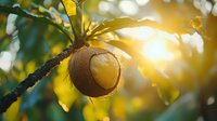 Fresh coconut hanging on palm tree with golden sunlight shining through green leaves, creating tropical paradise atmosphere at sunset. Natural organic food concept.
