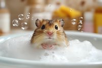 Adorable ginger hamster taking bubble bath in ceramic sink, surrounded by soap bubbles floating in air against soft blurred background. For pet care and hygiene concept.