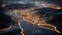 Aerial night view of illuminated coastal city with glowing streets and waterfront, creating pattern of light trails along dark waters and mountainous terrain.