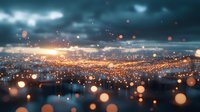 Magical glowing bokeh lights over dark water surface at dusk, with dramatic stormy clouds and golden sunset reflection creating dreamy atmosphere.