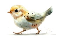 Watercolor style spotted baby bird with yellow head and blue-gray body on white background, artistic nature illustration for nursery art and greeting cards.