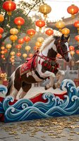 Decorated horse jumping over ornate waves with red lanterns glowing in background during festive celebration at traditional courtyard setting.