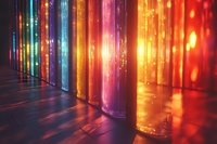 Glowing cylindrical light pillars create magical rainbow effect with vibrant reflections on dark floor, abstract colorful illumination in modern interior space.