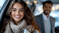 Young Hispanic woman with bright smile wearing cozy knit scarf, with businessman in background at modern office space. Natural lighting creates warm atmosphere.
