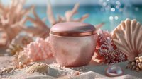 Pink cosmetic cream jar on beach sand with seashells and coral in soft sunlight, luxury skincare product photography with bokeh effect and dreamy atmosphere.