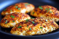 Seasoned chicken breasts with golden-brown crust and fresh herbs on black pan, close-up view showing juicy texture and spice-crusted surface.