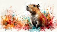 Artistic watercolor capybara sitting among vibrant splashes of orange, red and turquoise paint strokes on light background, wildlife art illustration.