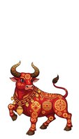Red bull with golden ornamental patterns and traditional symbols isolated on white background for Chinese New Year celebrations and zodiac designs.