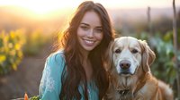 Young woman with long brown hair smiling while embracing golden retriever dog outdoors during sunset in vineyard with warm golden hour lighting.