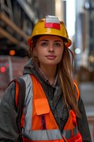 Young female construction worker wearing yellow hard hat and high visibility safety vest stands confidently at construction site during evening hours.