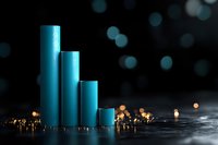 Descending blue cylindrical columns with water droplets on dark background, illuminated by warm glowing lights creating atmospheric bokeh effect. For business concepts.