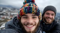 Two bearded young men in winter hats smiling at camera, taking selfie outdoors on snowy mountain background. Close up portrait showing genuine happiness and friendship.