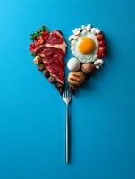 Heart-shaped food arrangement featuring raw meat, fresh vegetables, eggs, mushrooms, and bread on fork against blue background for nutrition and diet concepts.