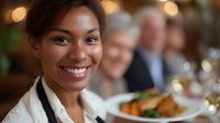 Young African American female restaurant server smiling warmly at upscale dining establishment with elegant table settings and soft bokeh lighting in background.
