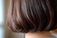 Close-up view of short brown hair bob cut with subtle highlights showing texture and layering details against soft blurred background, focus on hair strands.