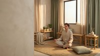 Young Caucasian man practicing meditation in serene home interior with natural lighting and minimalist decor for wellness and mindfulness lifestyle.