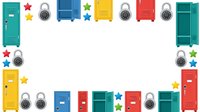 Colorful school lockers with padlocks and stars arranged as border frame on white background, isolated design element for educational materials and back-to-school projects.