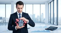 Professional businessman in suit presenting mortgage rate concept with house model and percentage symbol in modern office with city skyline view.