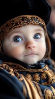 Adorable baby in ornate medieval knight costume with golden embroidered details and armor-style clothing looking directly at camera with bright blue eyes.