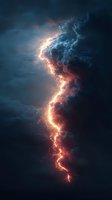 Dramatic lightning bolt strikes through dark stormy clouds with bright orange electrical discharge and sparks illuminating the turbulent sky atmosphere.
