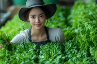 Young woman farmer in black hat and apron smiling among fresh green kale crops in vegetable garden, suitable for agriculture, farming, and organic produce marketing materials.
