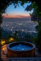 Wooden hot tub with glowing lights on terrace overlooking illuminated cityscape at dusk, framed by natural foliage arch, creating romantic luxury atmosphere.