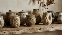 Handcrafted ceramic vessels with carved leaf motifs arranged on rustic wooden shelf, showcasing artisan pottery and home decor styling.