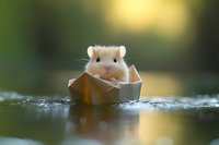 Adorable white hamster sitting in paper boat on water surface with soft bokeh background and gentle reflections, creating magical nature scene.