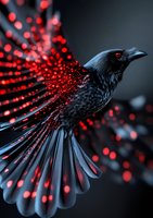 Mystical black raven with spreading wings dissolving into glowing red particles against dark background, dramatic lighting creates supernatural atmosphere.