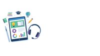 Online learning platform with headphones, laptop, and educational icons on white background, isolated for web design and e-learning applications.