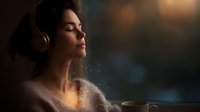 Young woman in cozy sweater enjoying peaceful moment with headphones and hot drink, illuminated by warm evening light against dark atmospheric background.