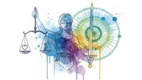 Lady Justice with scales and sword in vibrant watercolor style with geometric mandala background for legal and judicial design concepts.