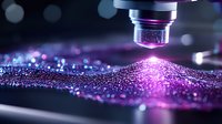 Microscope lens capturing glowing purple particles on dark surface with bokeh effect, scientific research concept showing molecular structure analysis.