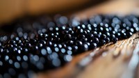 Fresh black caviar on wooden surface with soft focus and bokeh effect, luxury gourmet food close-up macro photography highlighting texture and shine of sturgeon roe.