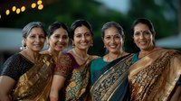Group of South Asian women wearing traditional sarees and festive attire smiling together at evening celebration with bokeh lights in background.