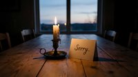 Lit candle in vintage holder beside a handwritten sorry card on rustic wooden table at dusk, evoking apology, regret, and reconciliation.