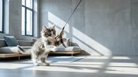 Fluffy tabby kitten playing with feather toy in modern minimalist living room with concrete walls and natural sunlight streaming through windows.
