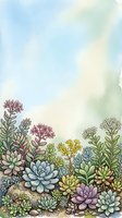 Watercolor succulent garden border with soft pastel sky background for botanical designs and nature-themed projects.
